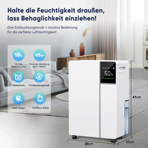 Fwoueot 16L/24h Luftentfeuchter Elektrisch, Raumentfeuchter mit Kompressor,Entfeuchter für Räume bis zu 45m² (120m³), Automatische Abtauung, 3 Modi, 24h Timer, Großer Tank 2L Mit Rädern,Schlafzimmer